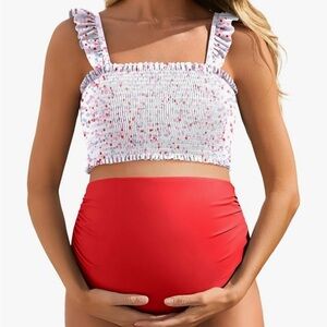 Red and White Maternity Bikini Set